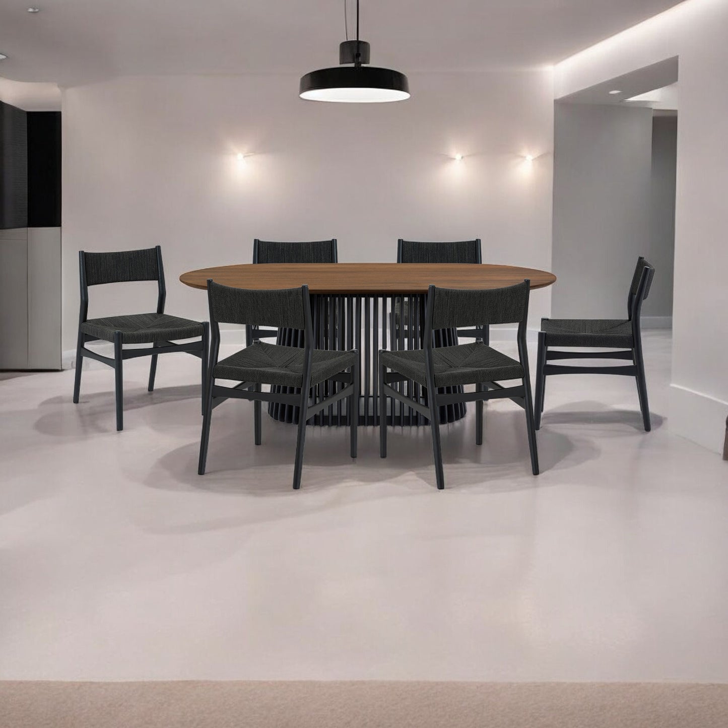 Seven Piece Brown and Black Oval Dining Set with Six Chairs-1