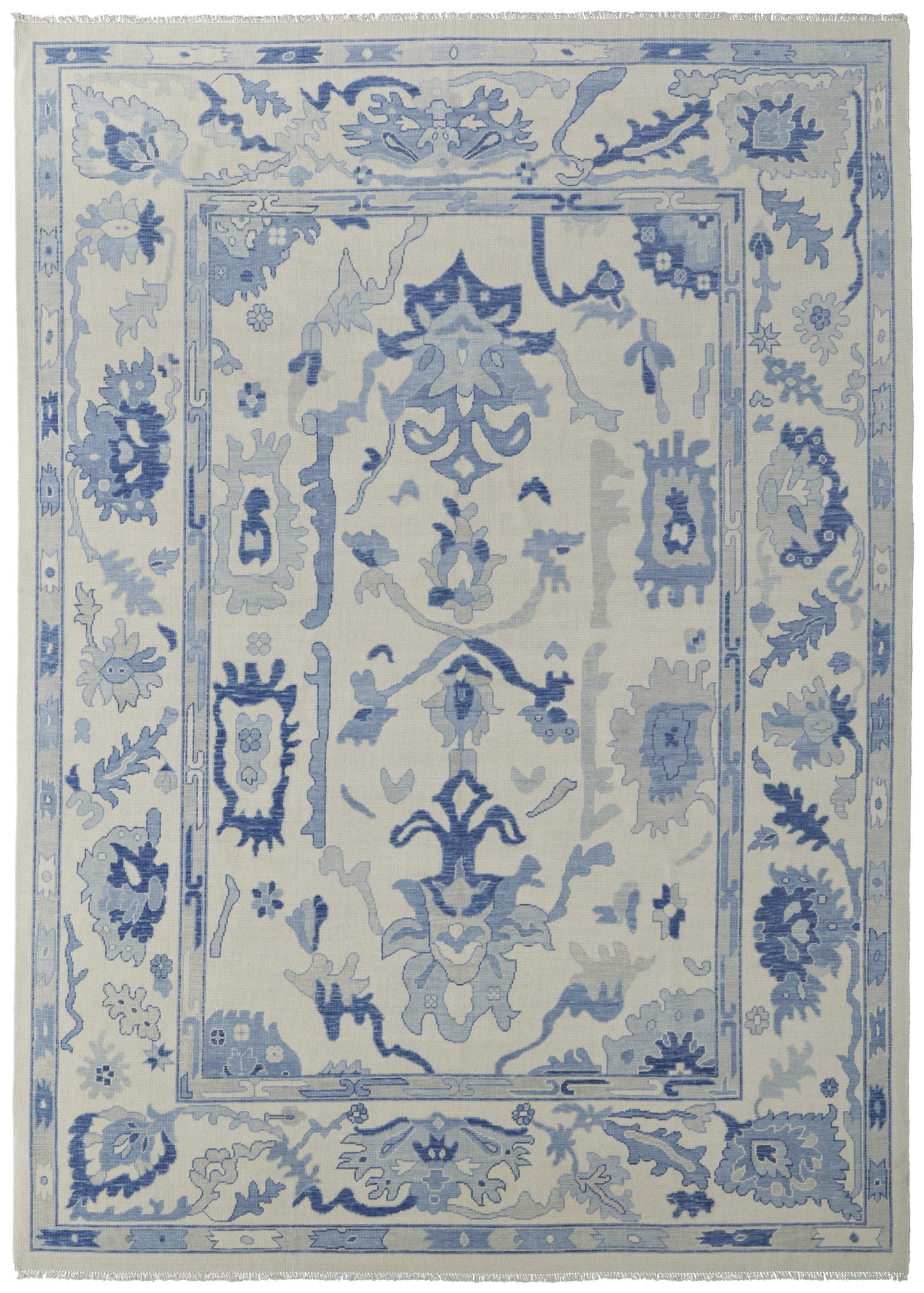 12' X 15' Ivory And Blue Floral Hand Knotted Area Rug With Fringe-1