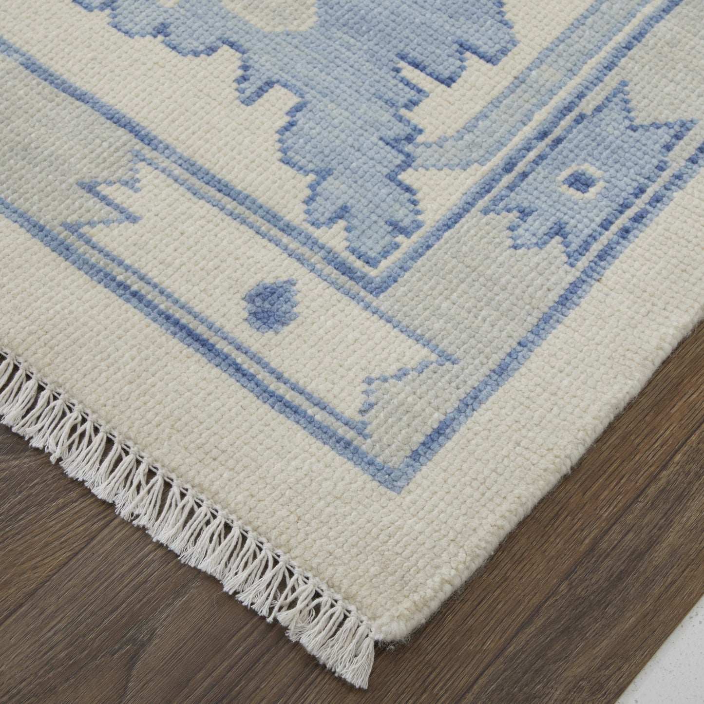 12' X 15' Ivory And Blue Floral Hand Knotted Area Rug With Fringe-5
