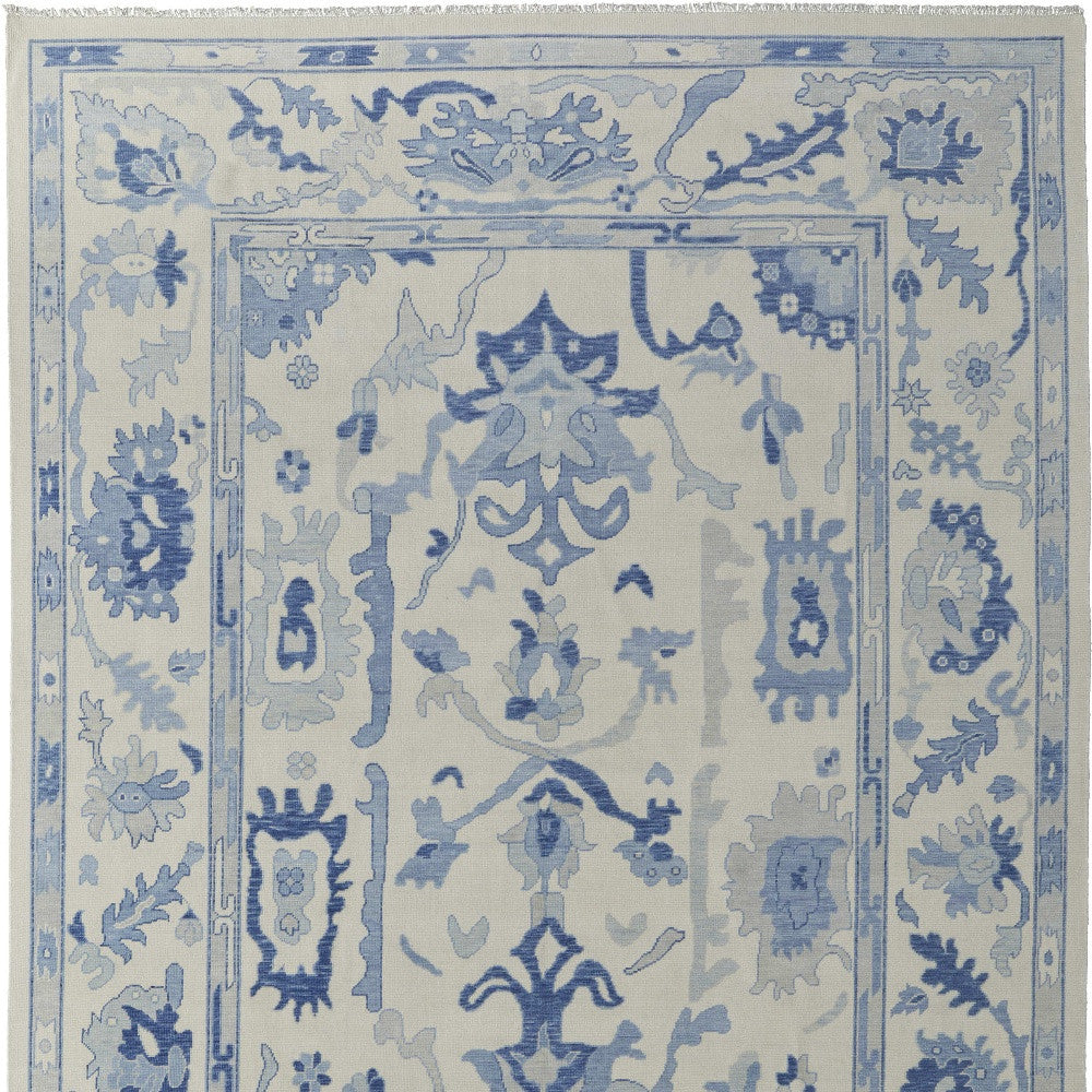 12' X 15' Ivory And Blue Floral Hand Knotted Area Rug With Fringe-4