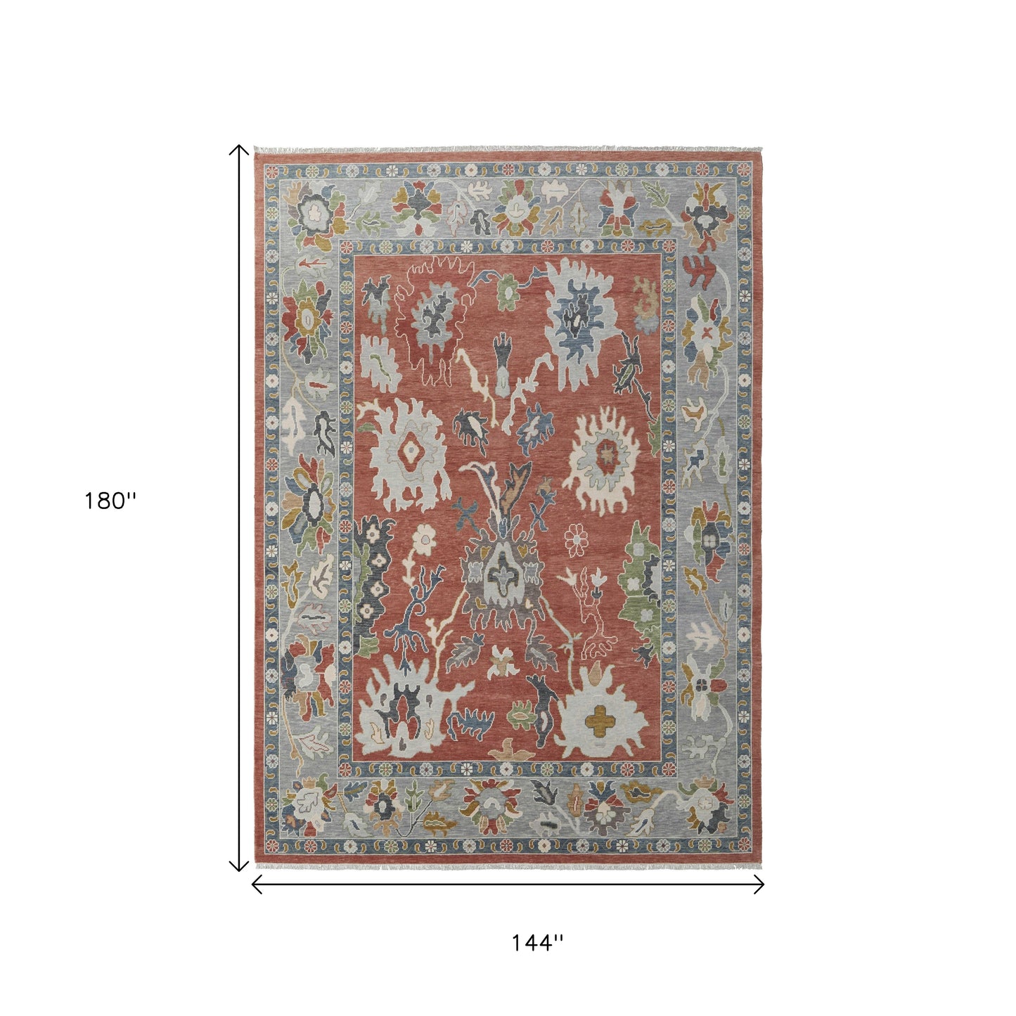 12' X 15' Red Gray And Ivory Floral Hand Knotted Area Rug With Fringe-2