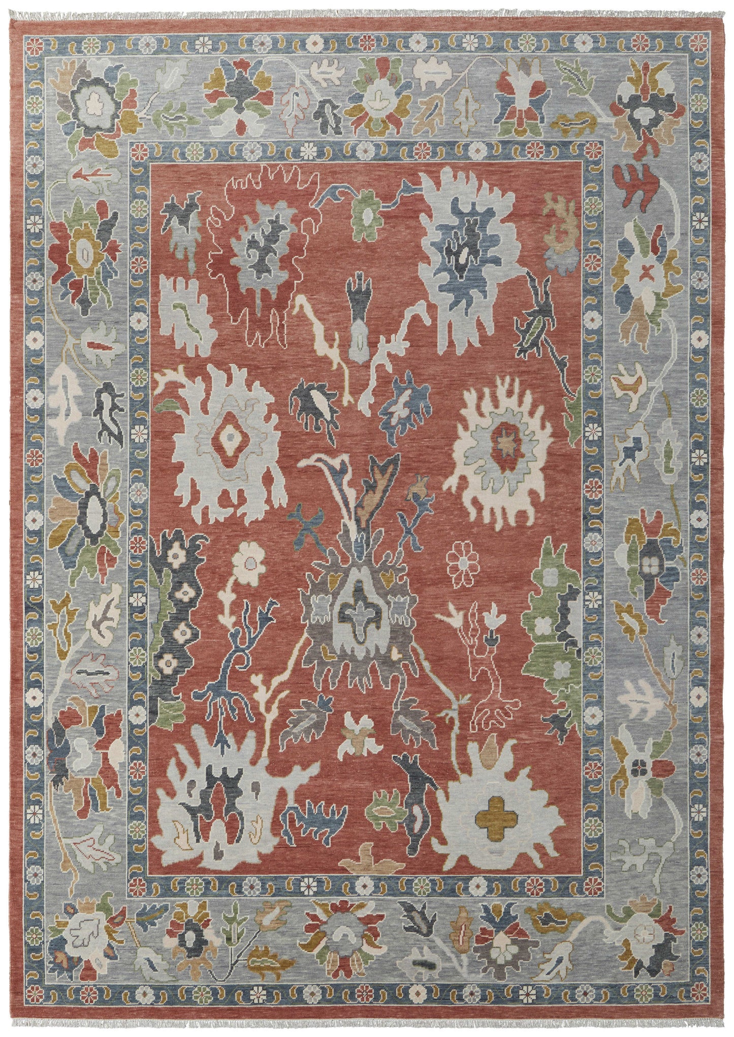 12' X 15' Red Gray And Ivory Floral Hand Knotted Area Rug With Fringe-1