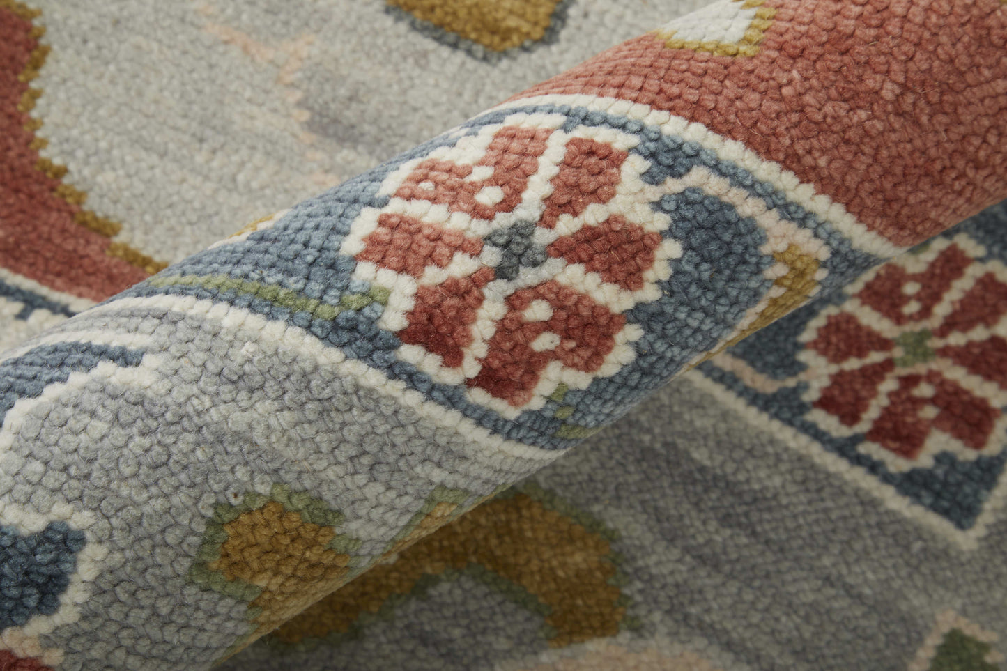 12' X 15' Red Gray And Ivory Floral Hand Knotted Area Rug With Fringe-6