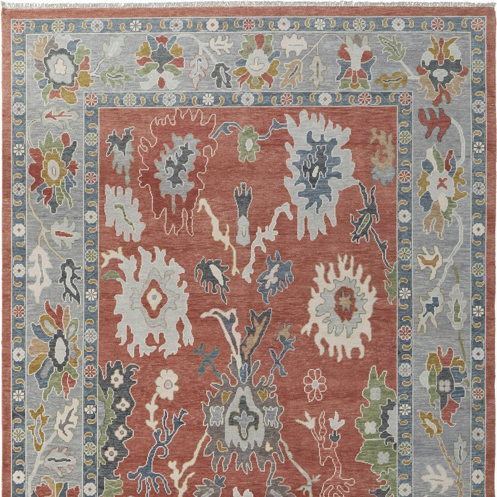 12' X 15' Red Gray And Ivory Floral Hand Knotted Area Rug With Fringe-8