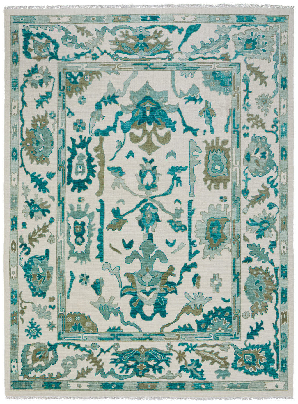 12' X 15' Green And Ivory Floral Hand Knotted Area Rug With Fringe-1