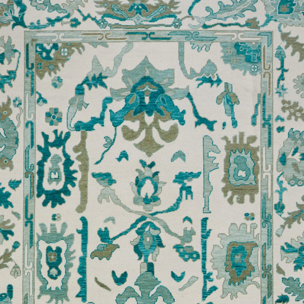 12' X 15' Green And Ivory Floral Hand Knotted Area Rug With Fringe-6