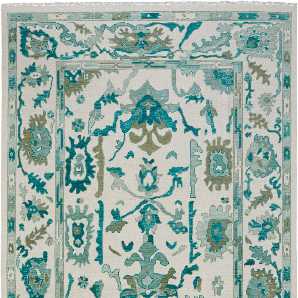 12' X 15' Green And Ivory Floral Hand Knotted Area Rug With Fringe-7