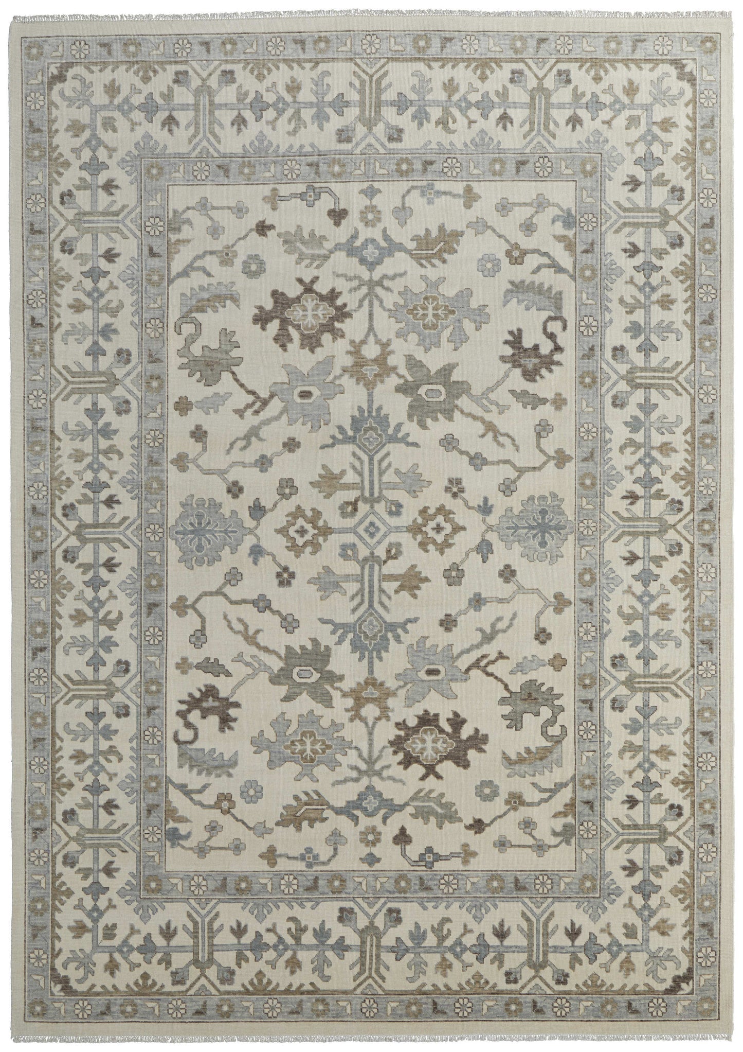 12' X 15' Ivory Gray And Brown Floral Hand Knotted Area Rug With Fringe-3