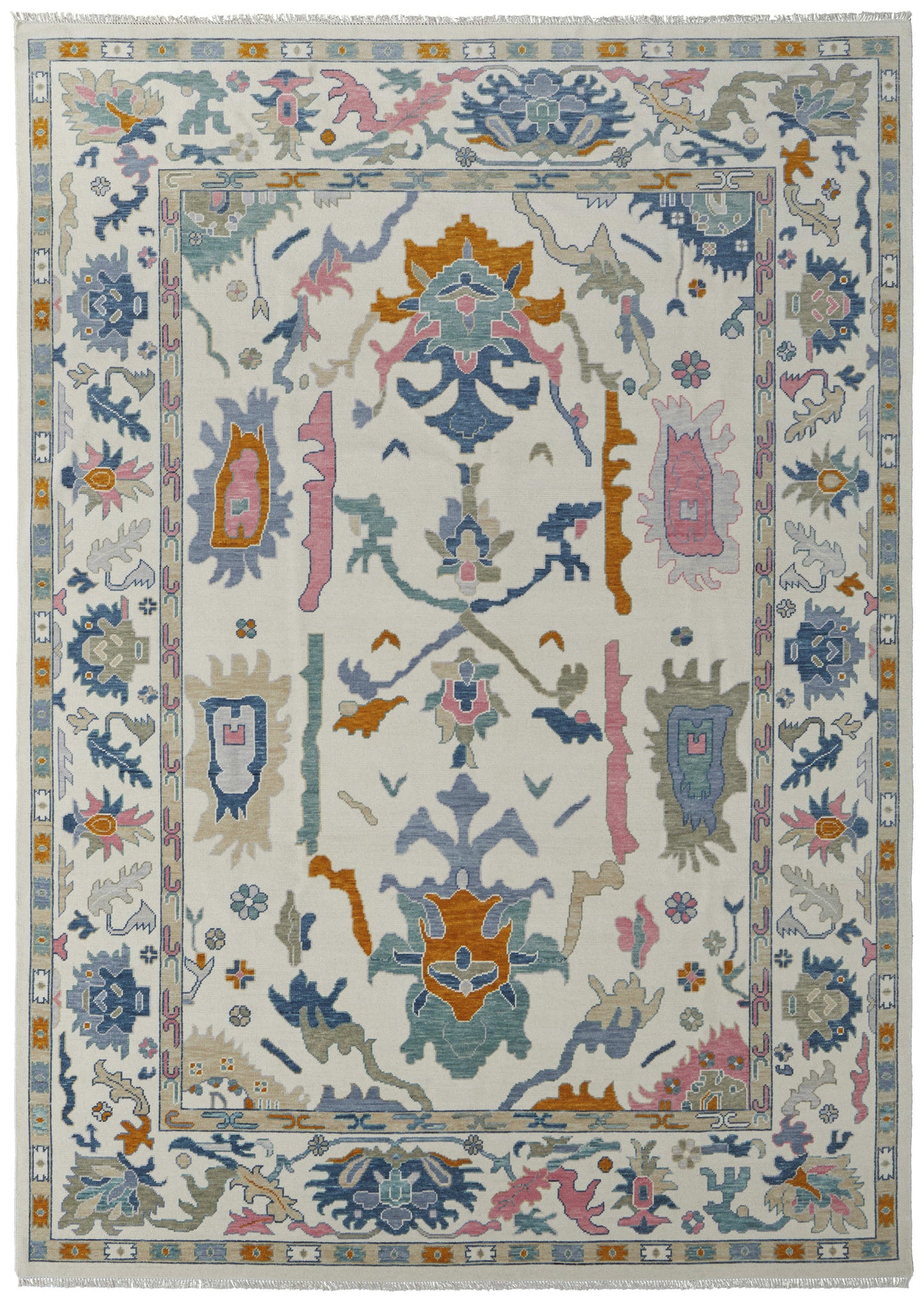 12' X 15' Ivory Blue And Pink Floral Hand Knotted Area Rug With Fringe-1