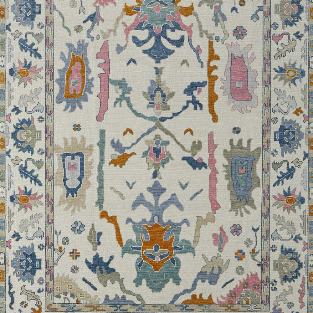 12' X 15' Ivory Blue And Pink Floral Hand Knotted Area Rug With Fringe-7