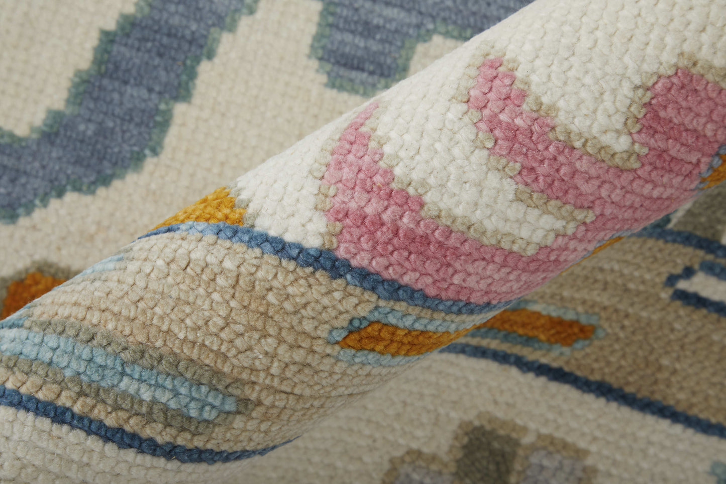 12' X 15' Ivory Blue And Pink Floral Hand Knotted Area Rug With Fringe-5
