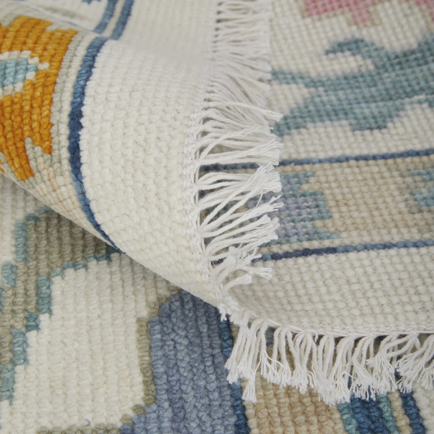 12' X 15' Ivory Blue And Pink Floral Hand Knotted Area Rug With Fringe-3