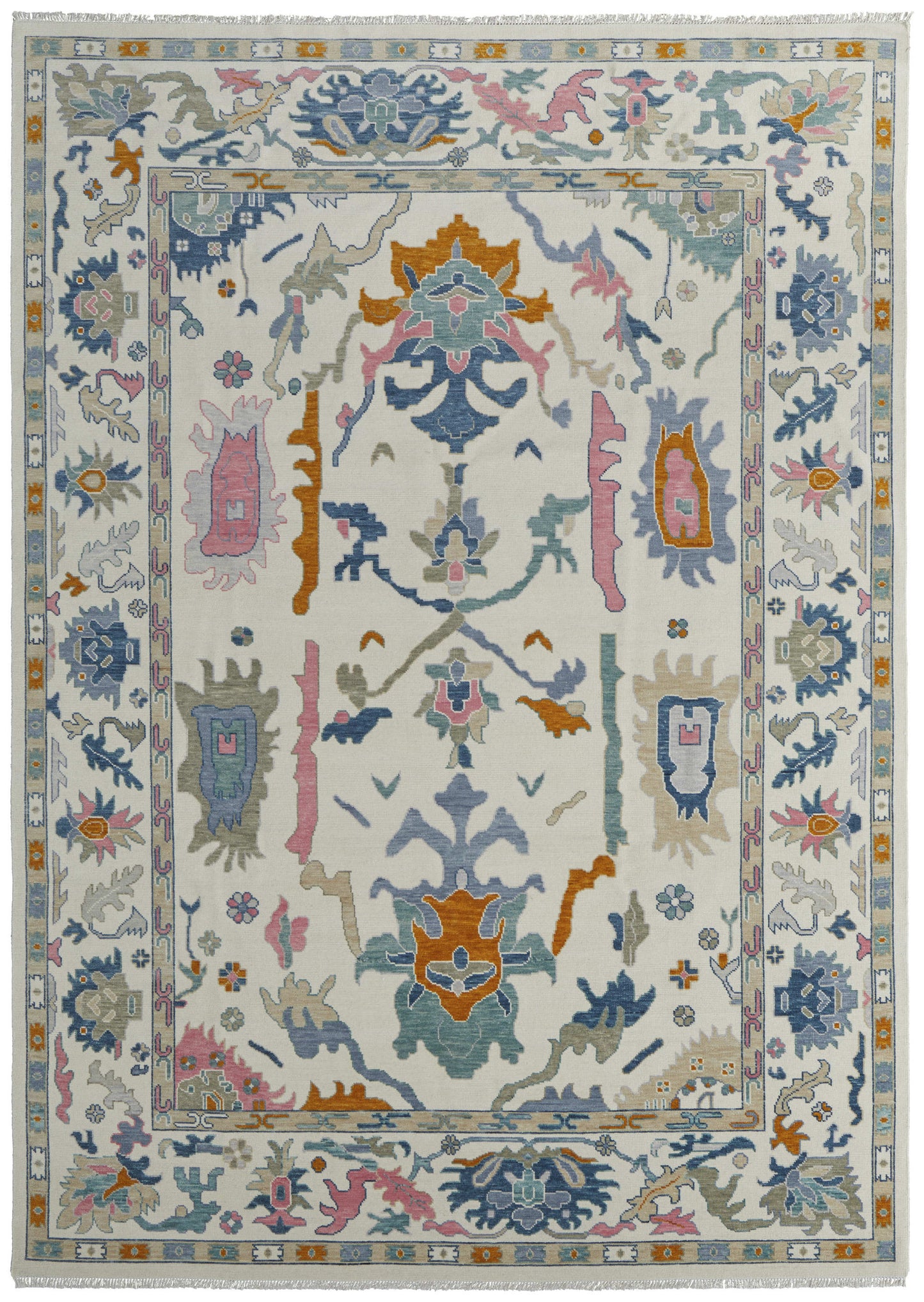 12' X 15' Ivory Blue And Pink Floral Hand Knotted Area Rug With Fringe-8