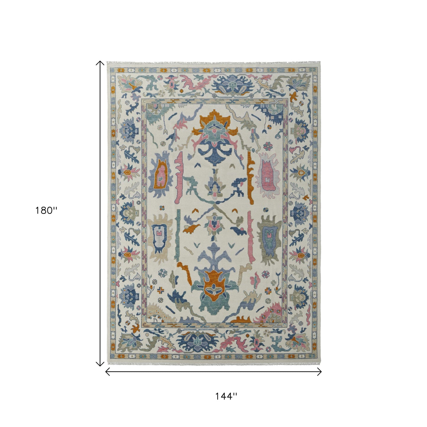 12' X 15' Ivory Blue And Pink Floral Hand Knotted Area Rug With Fringe-2