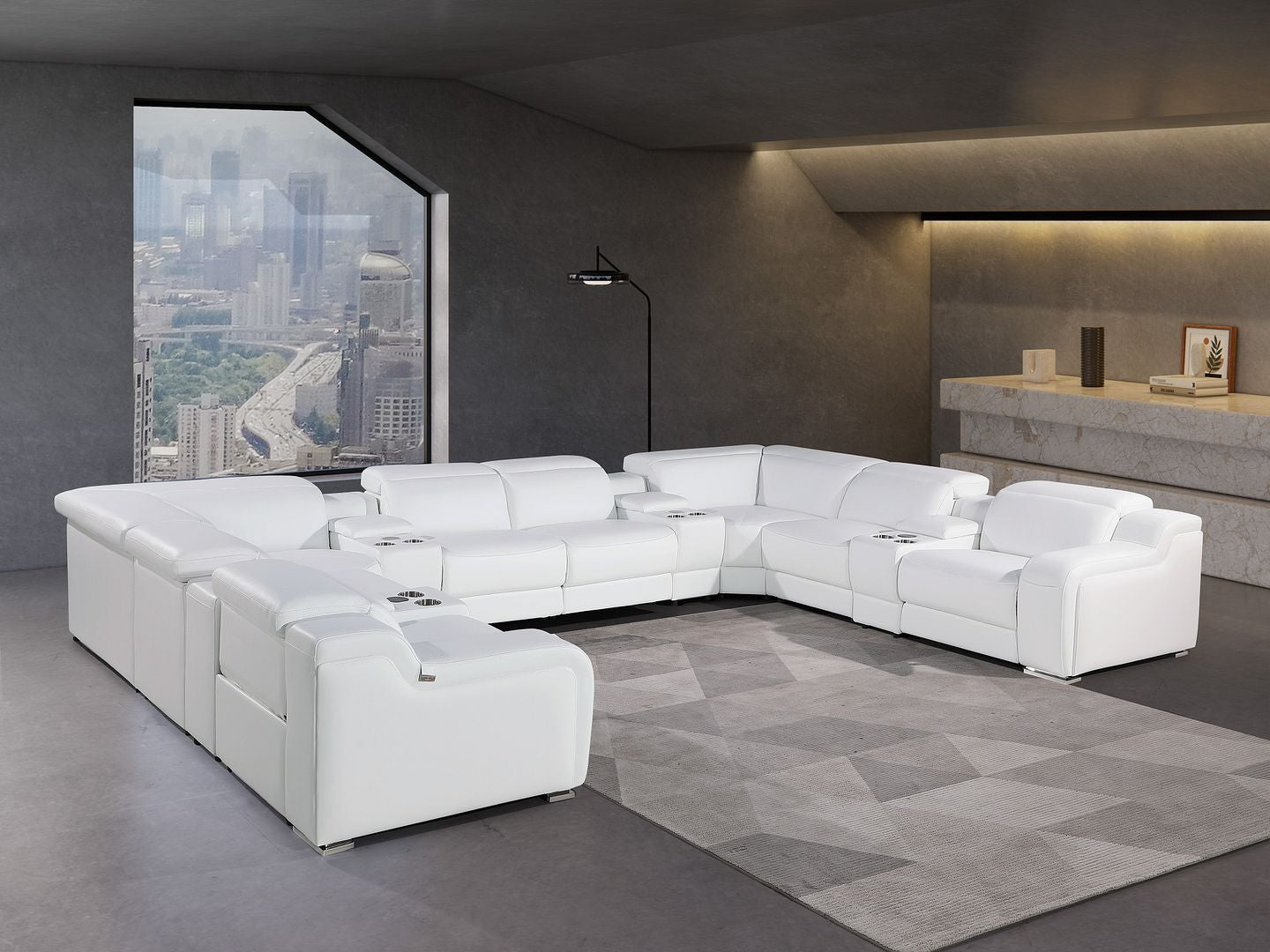 White Italian Leather Power Reclining U Shaped Twelve Piece Corner Sectional With Console-8