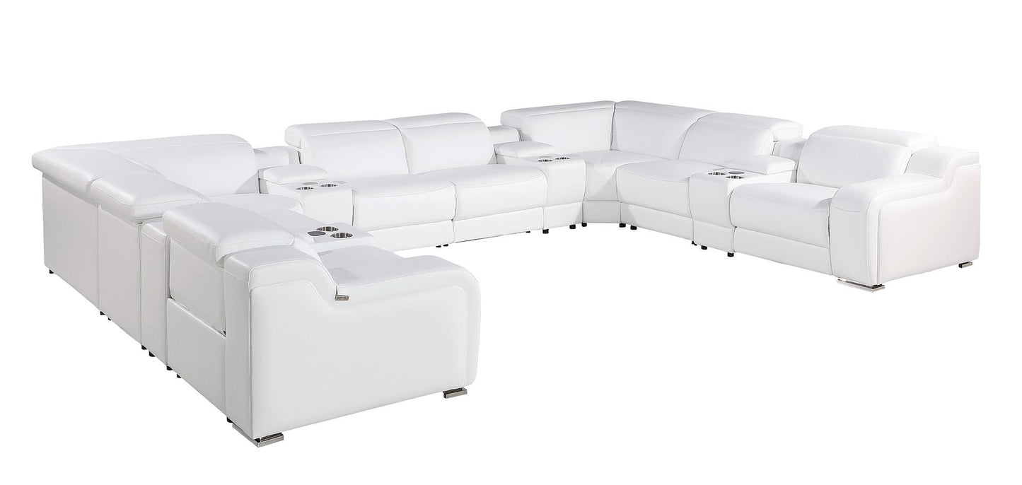 White Italian Leather Power Reclining U Shaped Twelve Piece Corner Sectional With Console-1