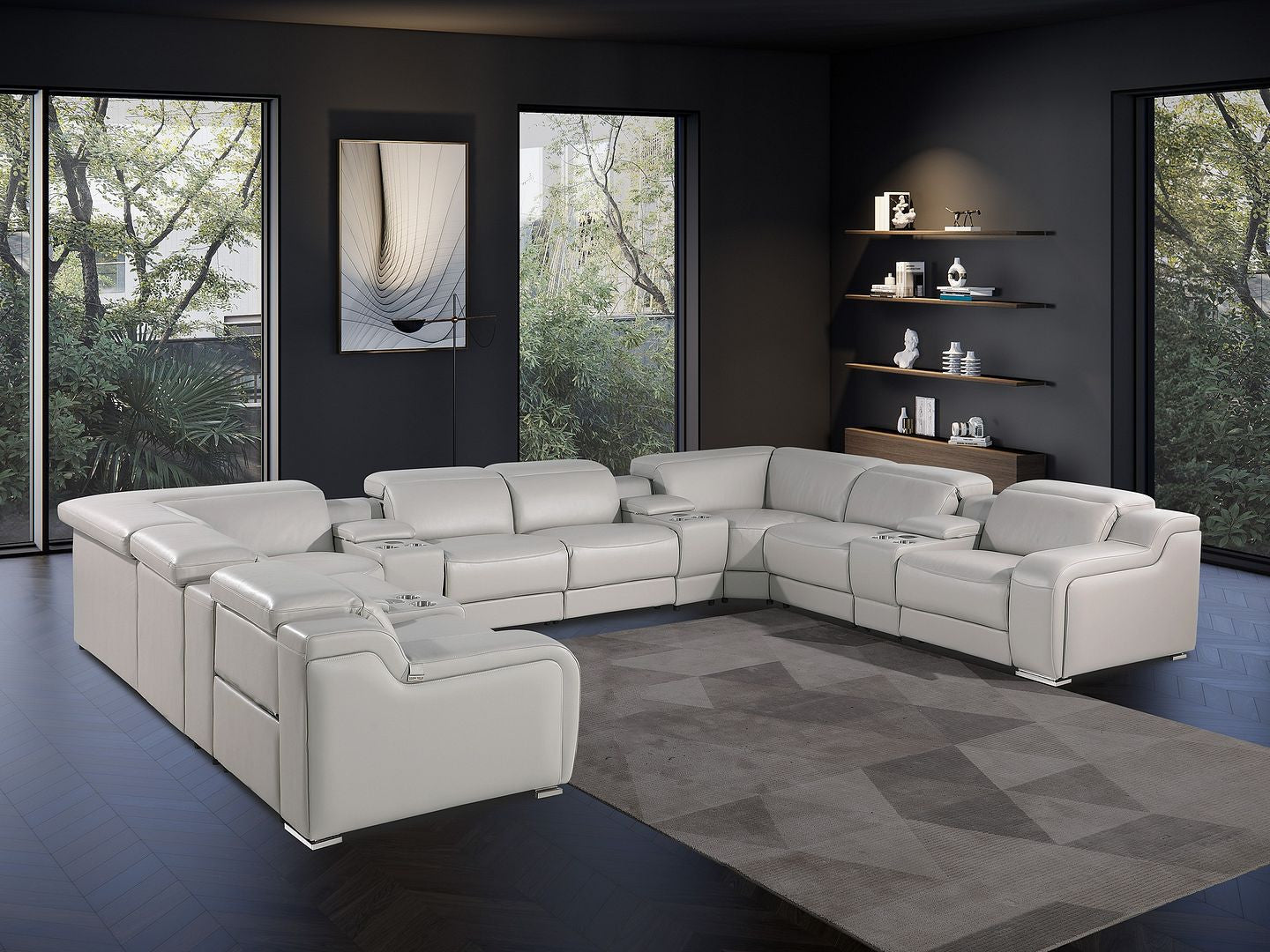 Light Gray Italian Leather Power Reclining U Shaped Twelve Piece Corner Sectional With Console-7