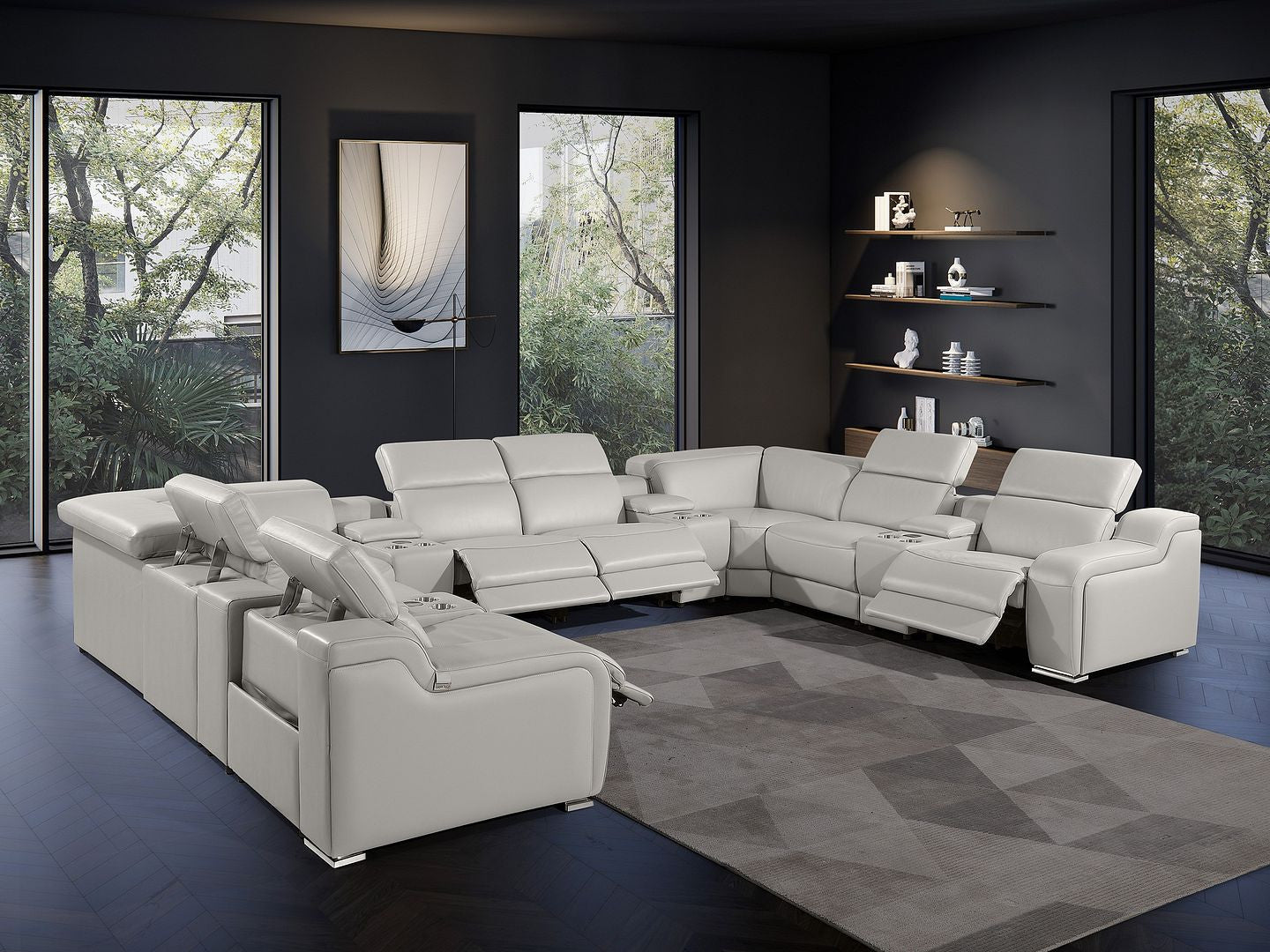 Light Gray Italian Leather Power Reclining U Shaped Twelve Piece Corner Sectional With Console-8
