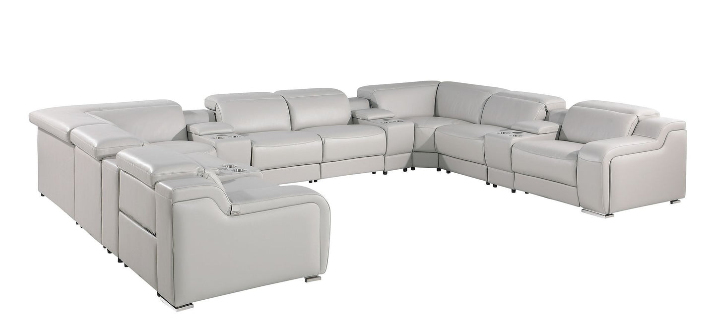 Light Gray Italian Leather Power Reclining U Shaped Twelve Piece Corner Sectional With Console-1