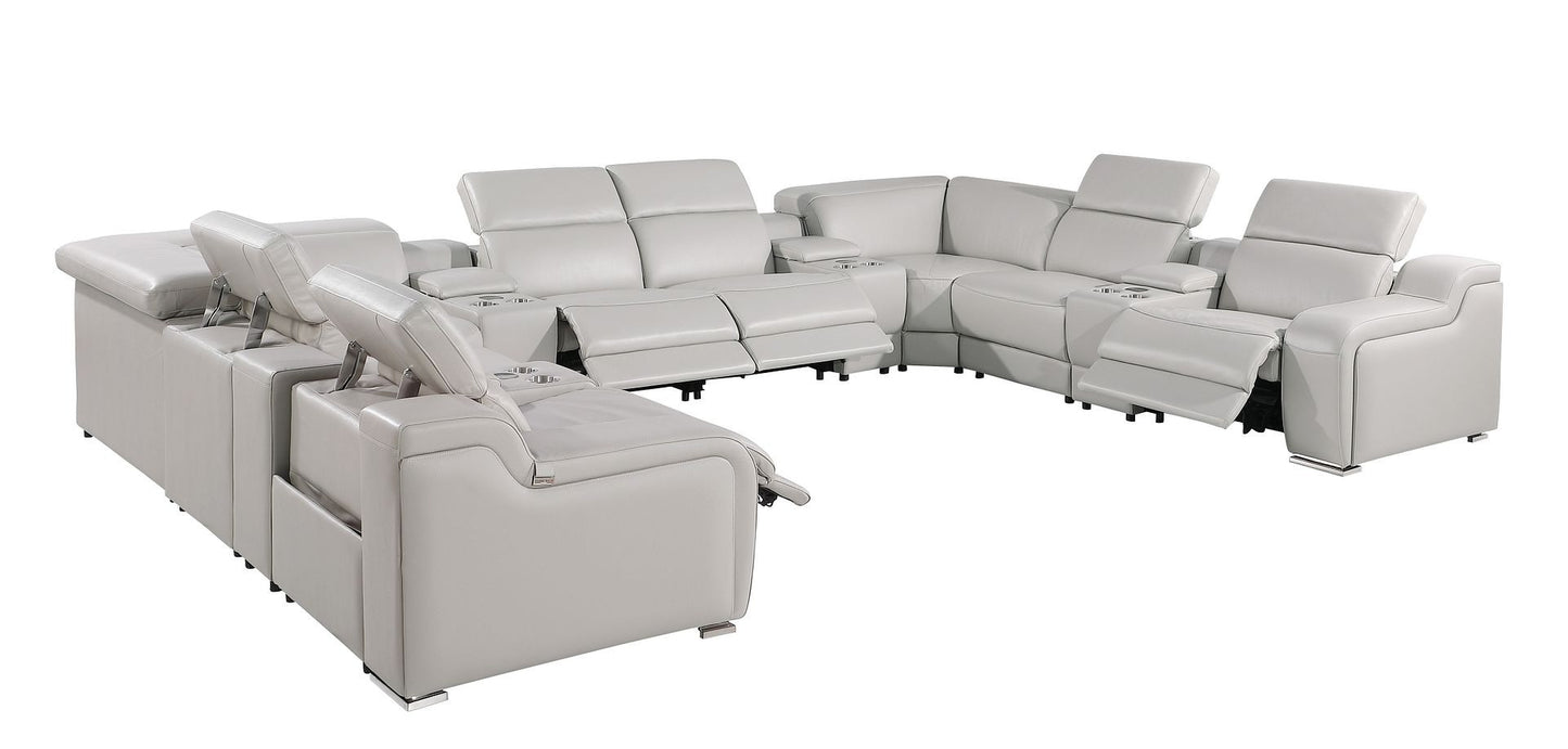 Light Gray Italian Leather Power Reclining U Shaped Twelve Piece Corner Sectional With Console-2
