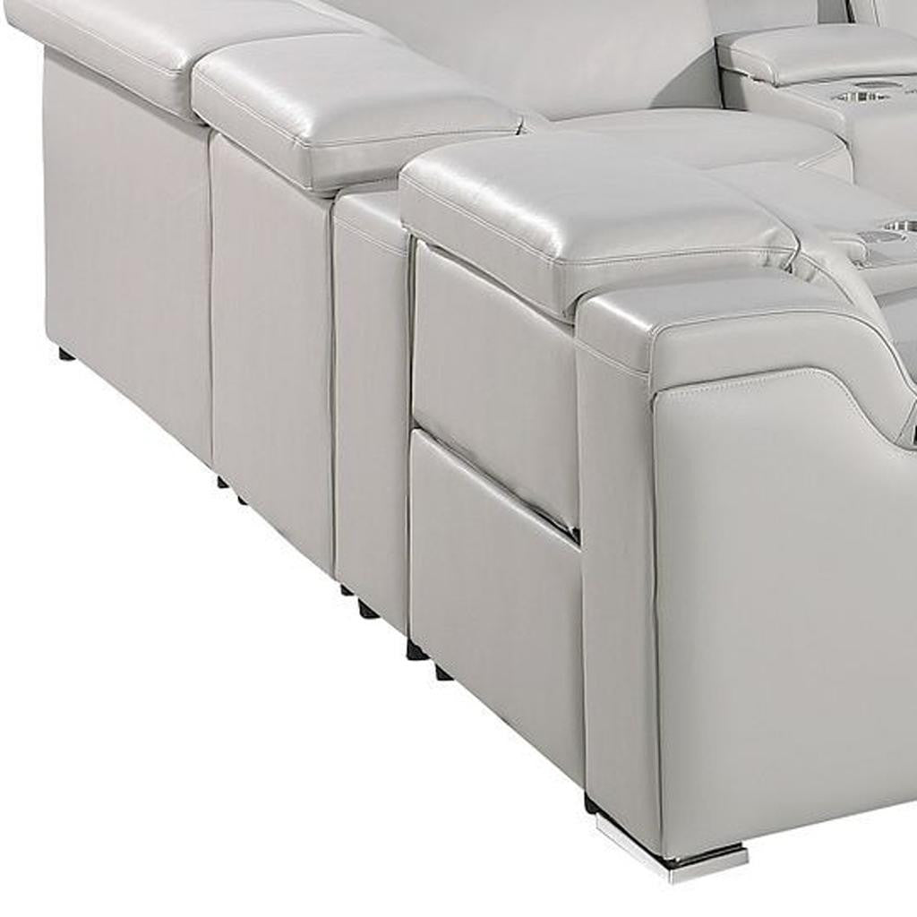 Light Gray Italian Leather Power Reclining U Shaped Twelve Piece Corner Sectional With Console-5