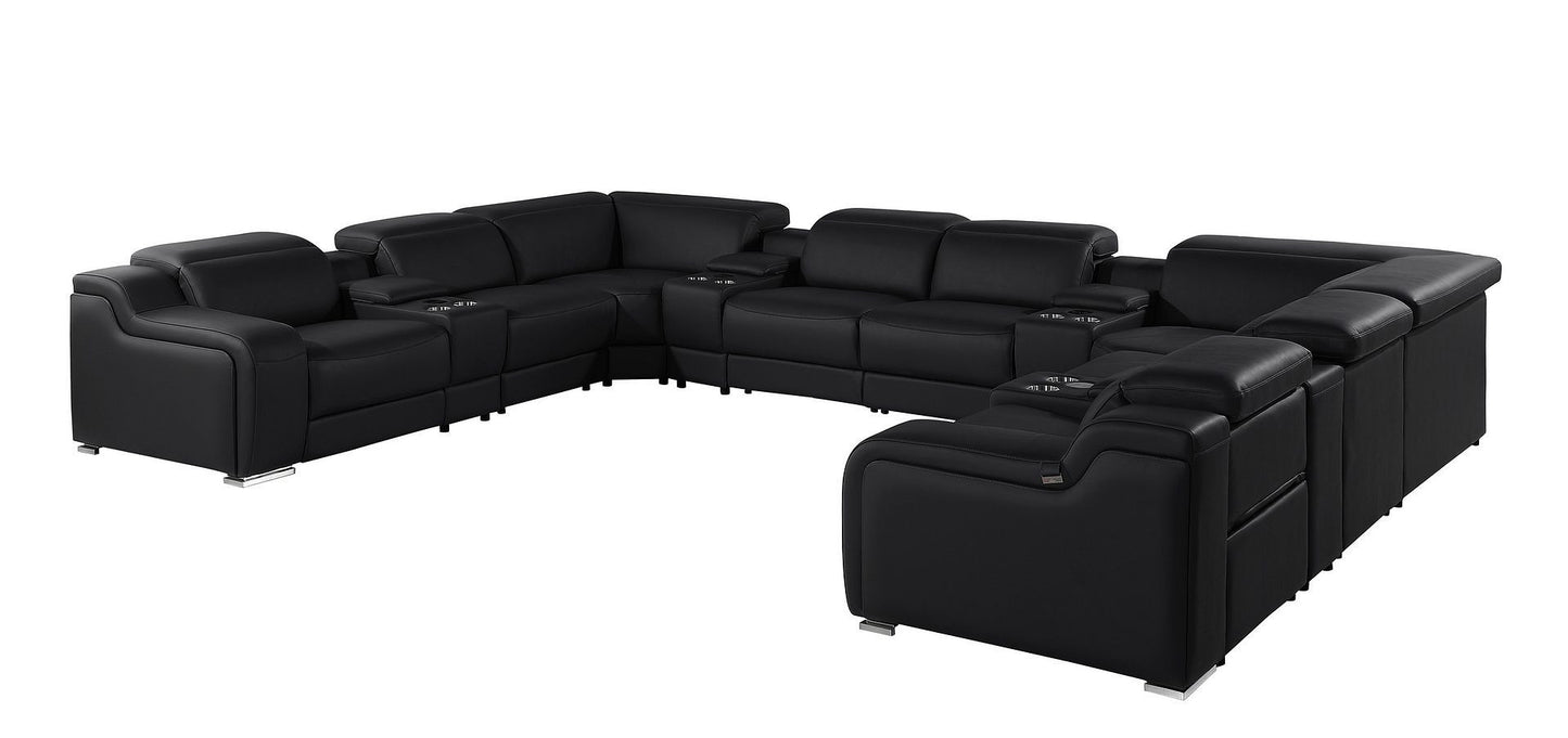 Black Italian Leather Power Reclining U Shaped Twelve Piece Corner Sectional With Console-5