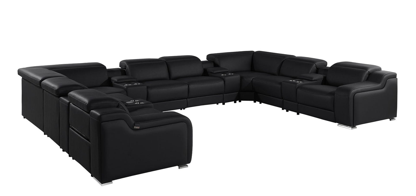Black Italian Leather Power Reclining U Shaped Twelve Piece Corner Sectional With Console-1