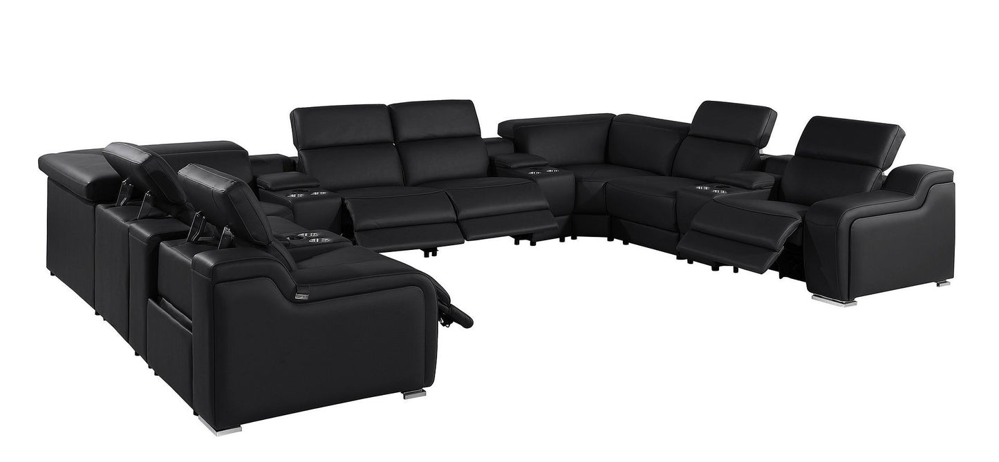 Black Italian Leather Power Reclining U Shaped Twelve Piece Corner Sectional With Console-2