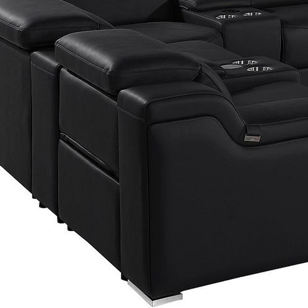 Black Italian Leather Power Reclining U Shaped Twelve Piece Corner Sectional With Console-4