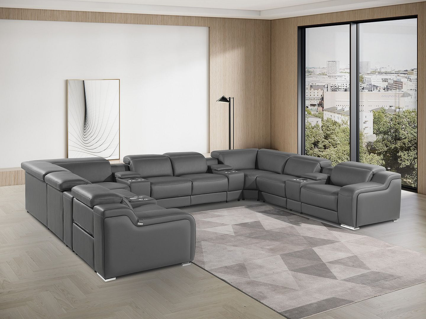 Dark Gray Italian Leather Power Reclining U Shaped Twelve Piece Corner Sectional With Console-8