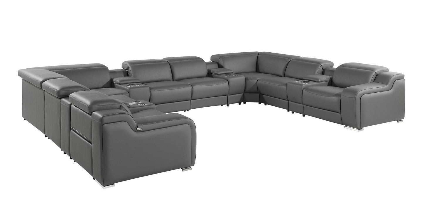 Dark Gray Italian Leather Power Reclining U Shaped Twelve Piece Corner Sectional With Console-1