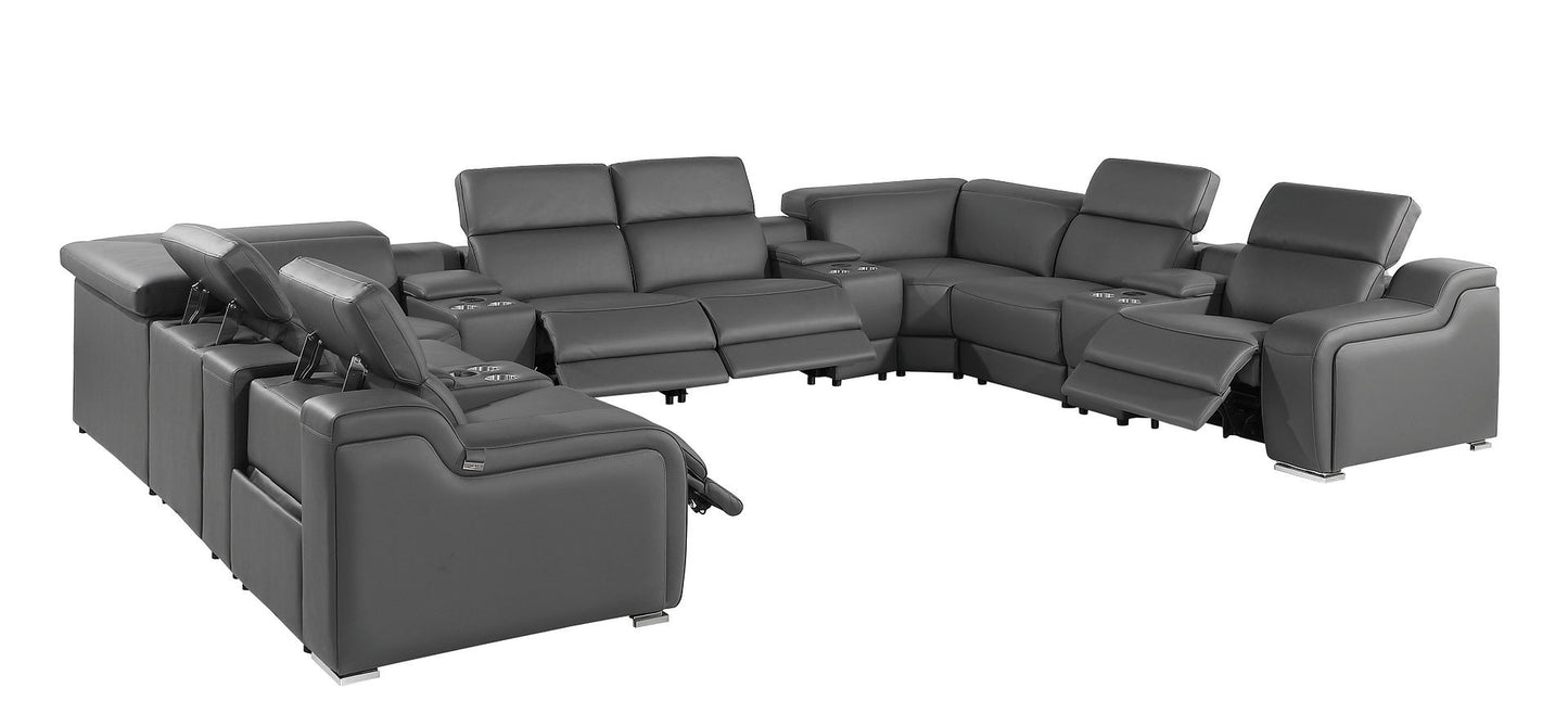Dark Gray Italian Leather Power Reclining U Shaped Twelve Piece Corner Sectional With Console-2