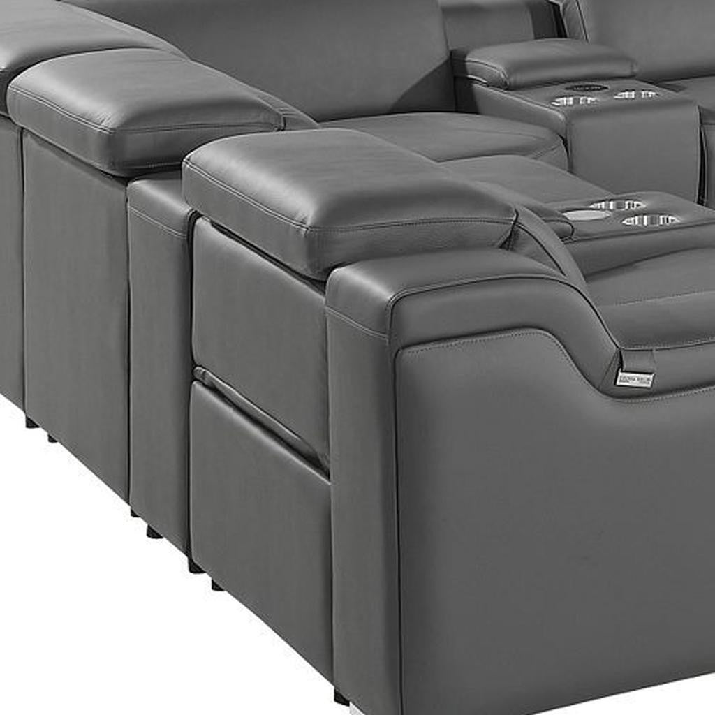 Dark Gray Italian Leather Power Reclining U Shaped Twelve Piece Corner Sectional With Console-4