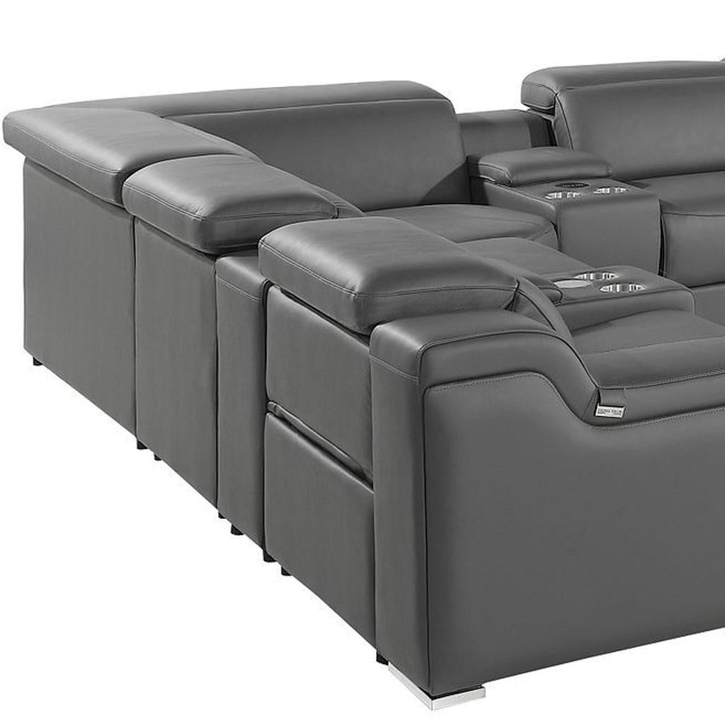 Dark Gray Italian Leather Power Reclining U Shaped Twelve Piece Corner Sectional With Console-5