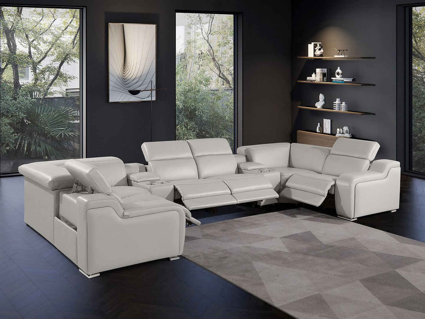 Light Gray Italian Leather Power Reclining U Shaped Eight Piece Corner Sectional With Console-8
