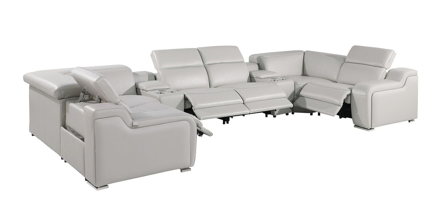 Light Gray Italian Leather Power Reclining U Shaped Eight Piece Corner Sectional With Console-2