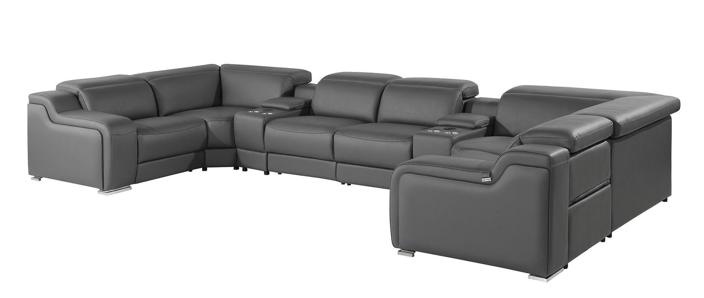 Dark Gray Italian Leather Power Reclining U Shaped Eight Piece Corner Sectional With Console-6