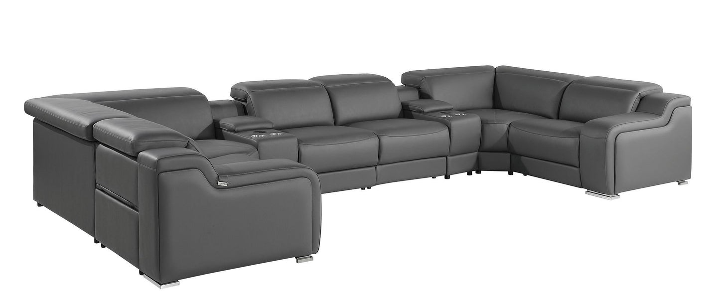 Dark Gray Italian Leather Power Reclining U Shaped Eight Piece Corner Sectional With Console-1