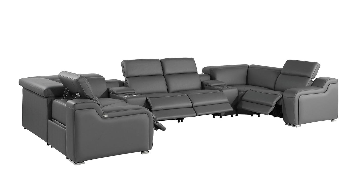 Dark Gray Italian Leather Power Reclining U Shaped Eight Piece Corner Sectional With Console-2
