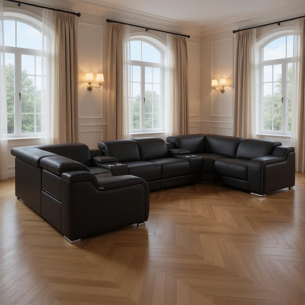 Black Italian Leather Power Reclining U Shaped Eight Piece Corner Sectional With Console-0