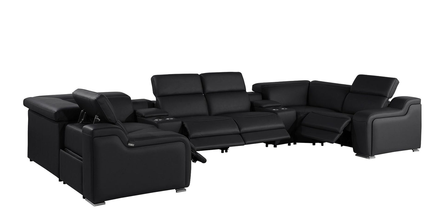 Black Italian Leather Power Reclining U Shaped Eight Piece Corner Sectional With Console-2