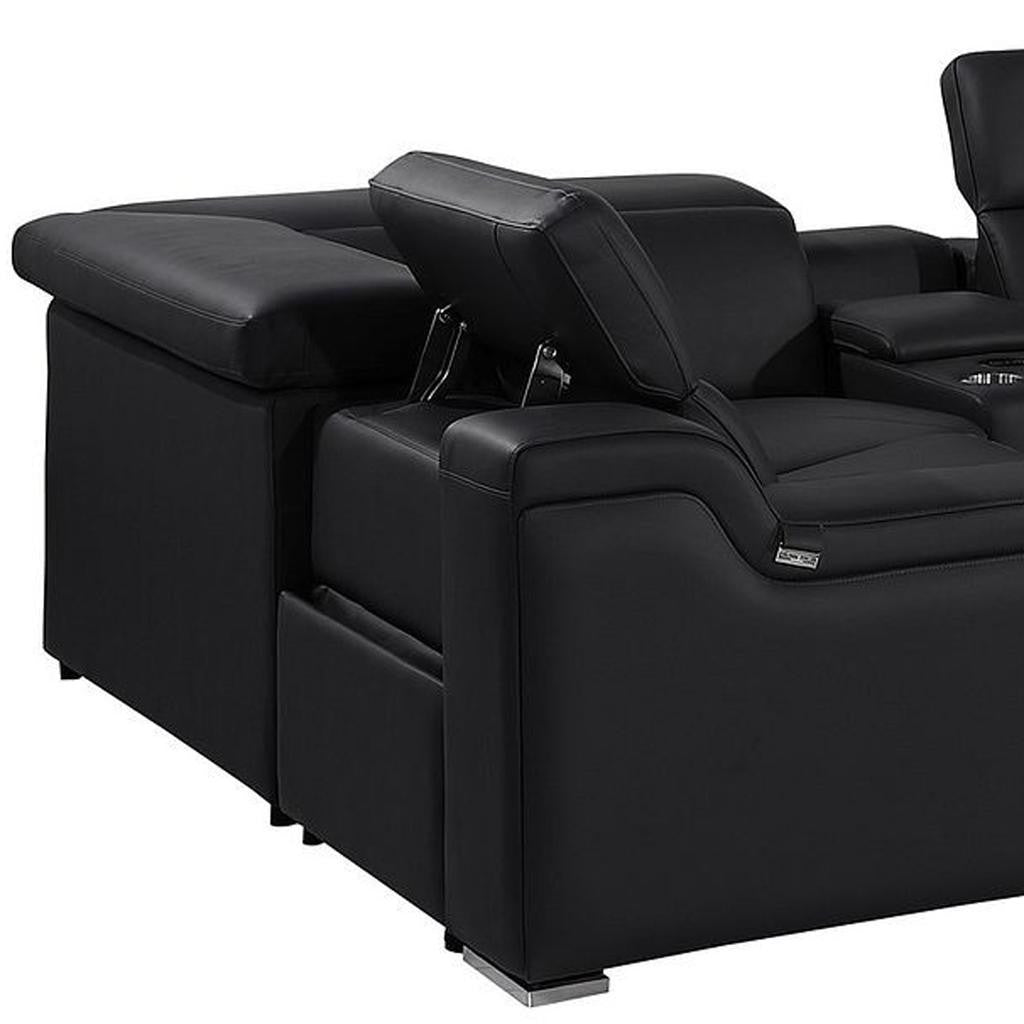 Black Italian Leather Power Reclining U Shaped Eight Piece Corner Sectional With Console-5