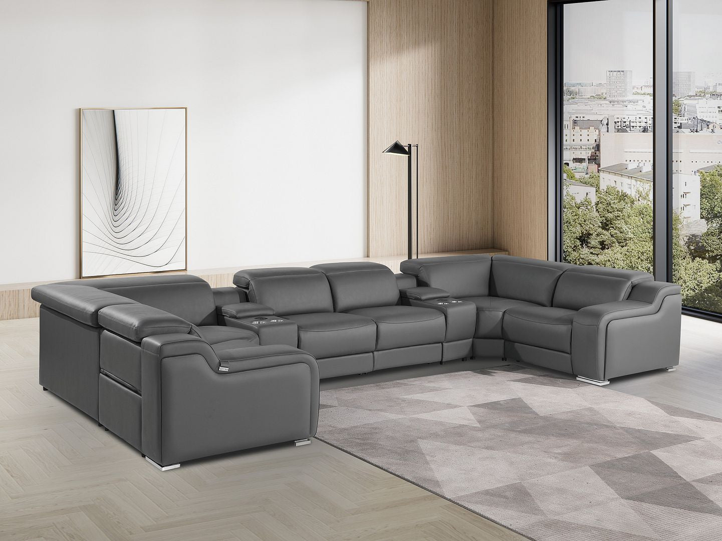 Dark Gray Italian Leather Power Reclining U Shaped Eight Piece Corner Sectional With Console-7