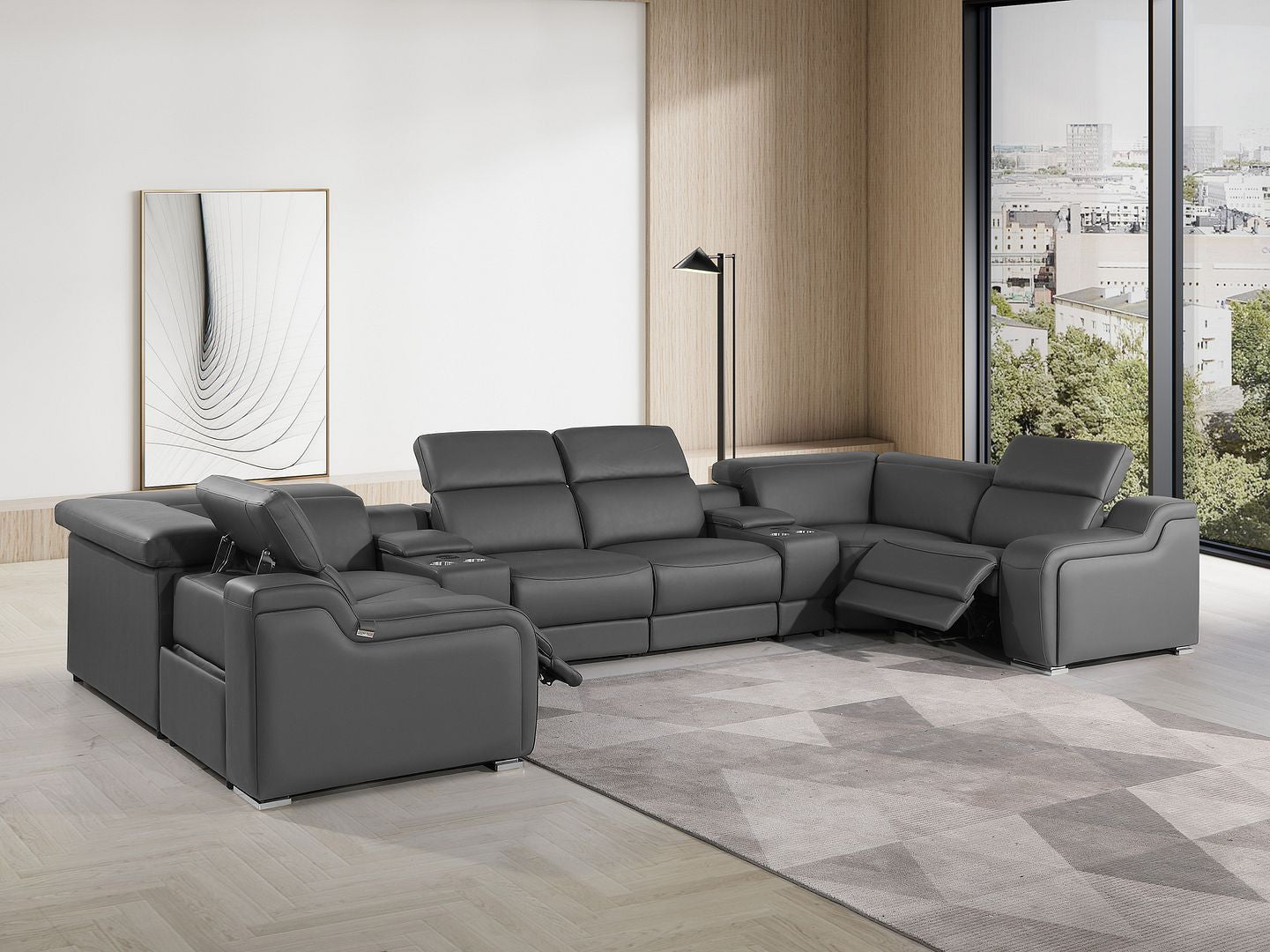 Dark Gray Italian Leather Power Reclining U Shaped Eight Piece Corner Sectional With Console-8