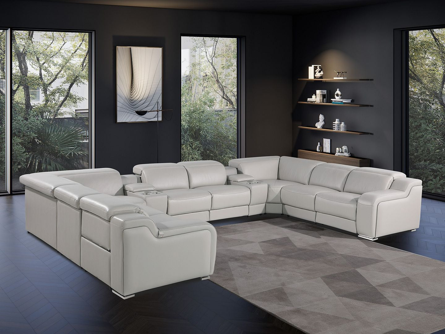 Light Gray Italian Leather Power Reclining U Shaped Ten Piece Corner Sectional With Console-8