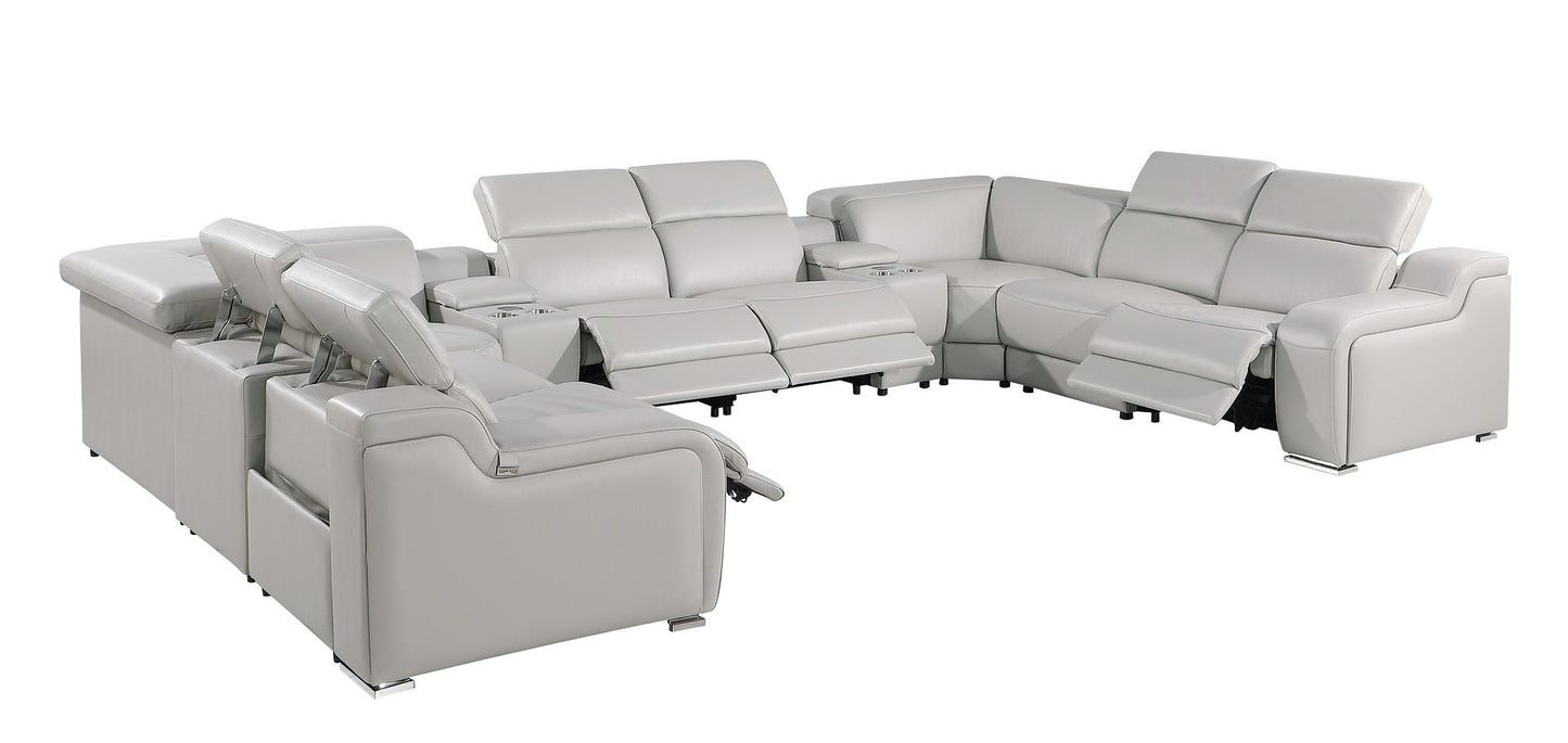 Light Gray Italian Leather Power Reclining U Shaped Ten Piece Corner Sectional With Console-2
