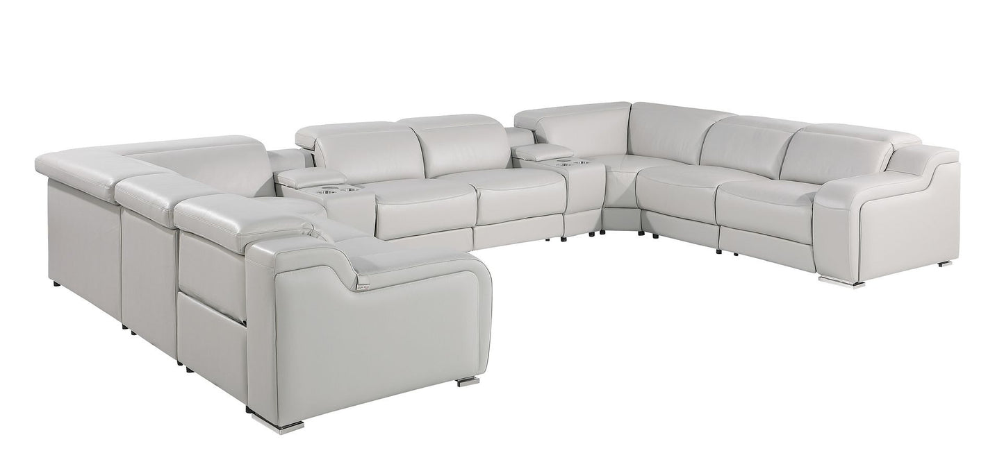 Light Gray Italian Leather Power Reclining U Shaped Ten Piece Corner Sectional With Console-1