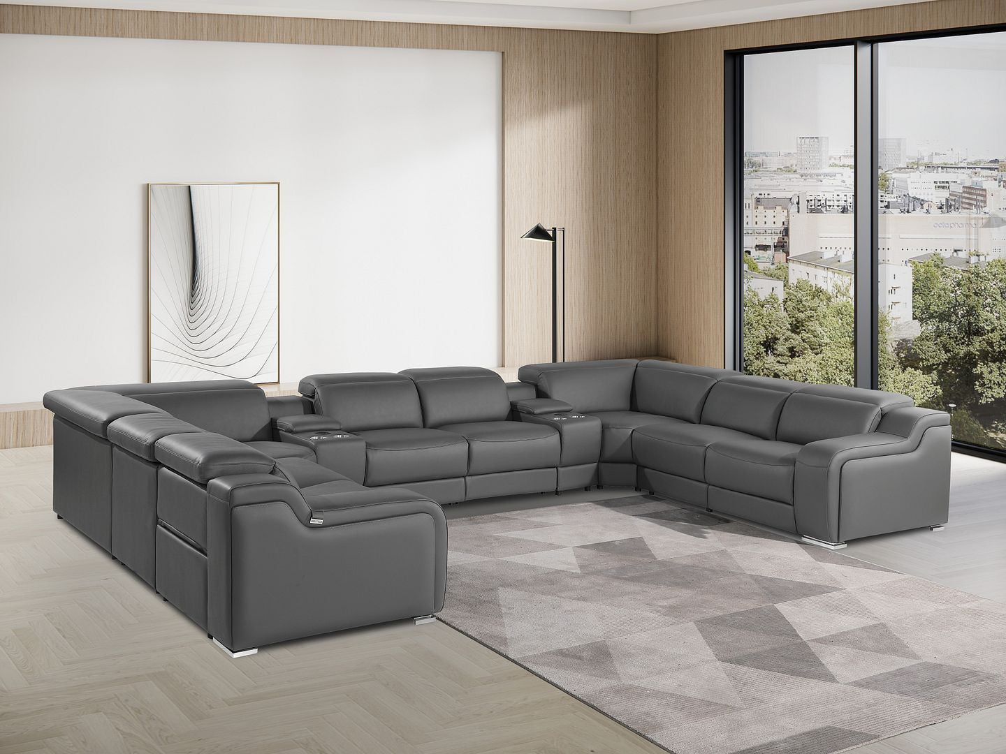 Dark Gray Italian Leather Power Reclining U Shaped Ten Piece Corner Sectional With Console-7