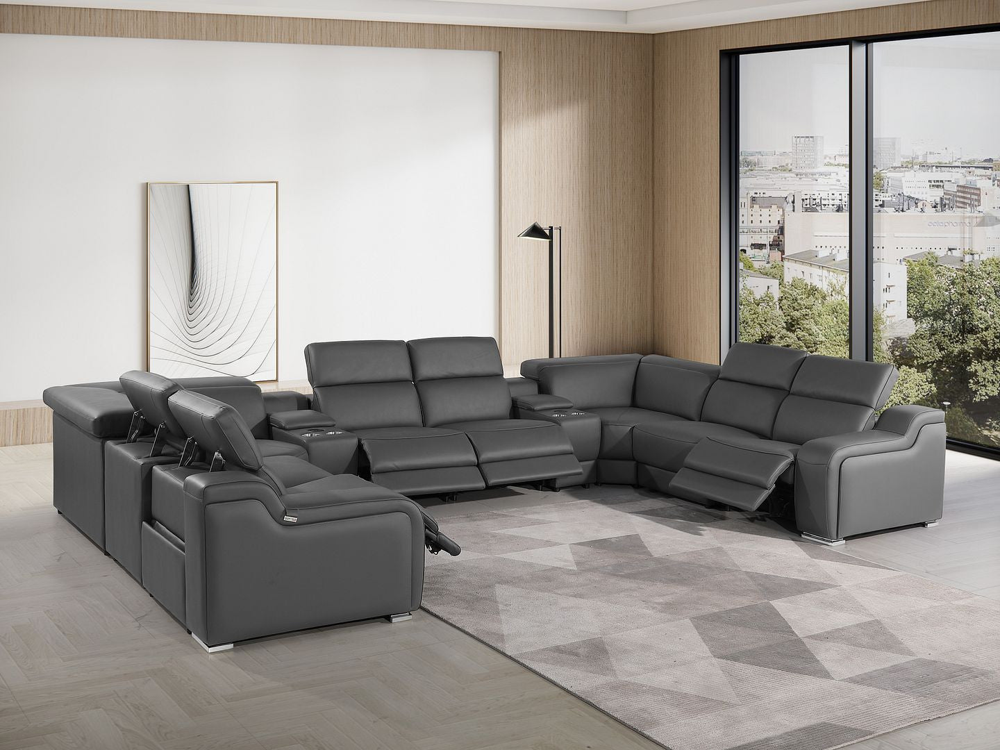 Dark Gray Italian Leather Power Reclining U Shaped Ten Piece Corner Sectional With Console-8