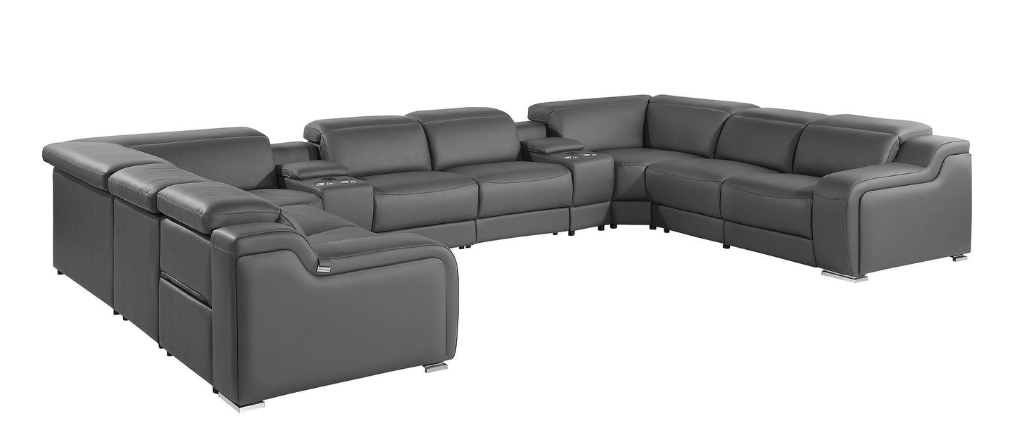 Dark Gray Italian Leather Power Reclining U Shaped Ten Piece Corner Sectional With Console-1